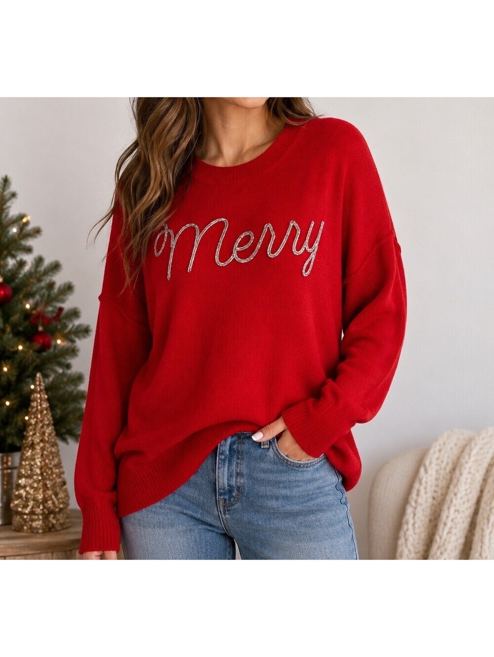 Vince Camuto Red "Merry" Beaded Fuzzy Oversized Sweater SIZE XS Preppy Coastal